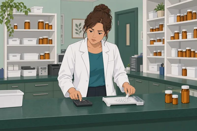 Pharmacy Math Quiz shows tablet counting.