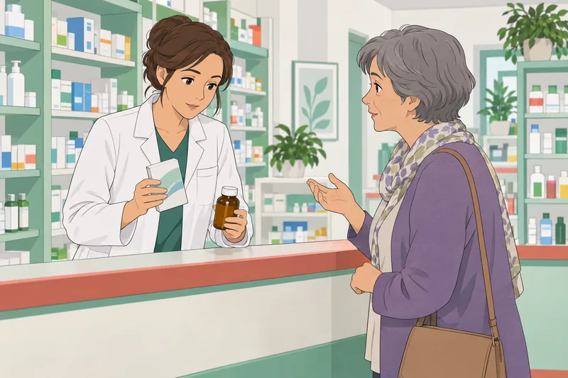 El cuestionario sobre farmacia aparece en una farmacia.