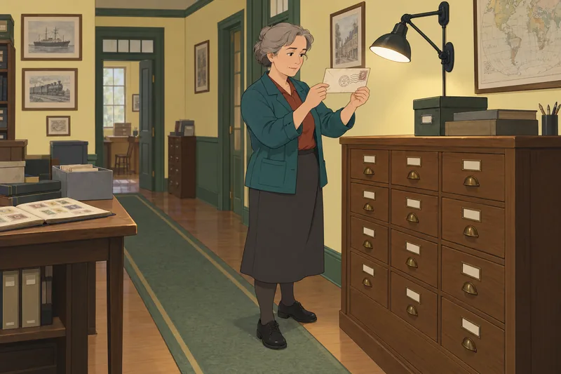 Philately Quiz depicts an archivist checking one envelope.
