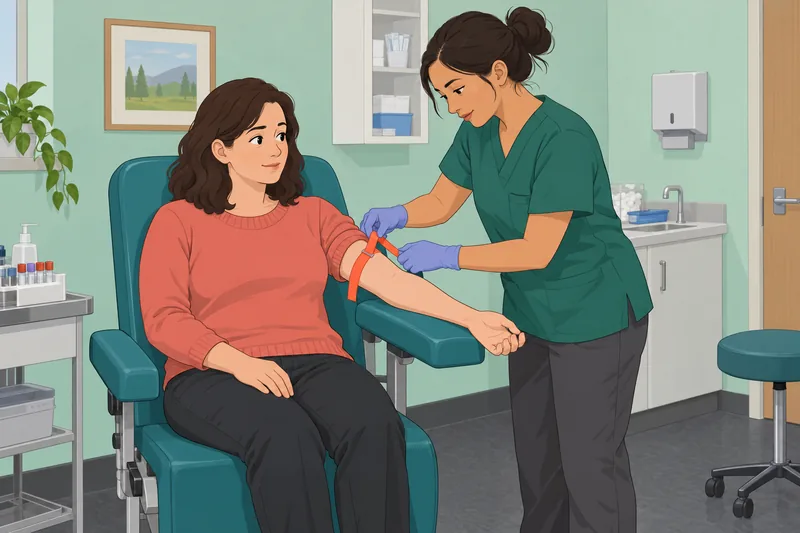 Phlebotomy Quiz shows a careful blood draw.