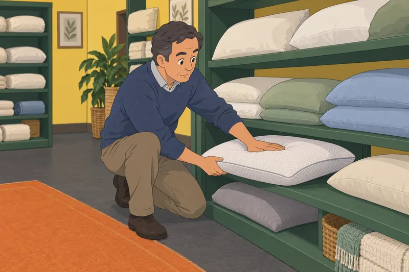 Pillow Quiz shows a man checking firmness.