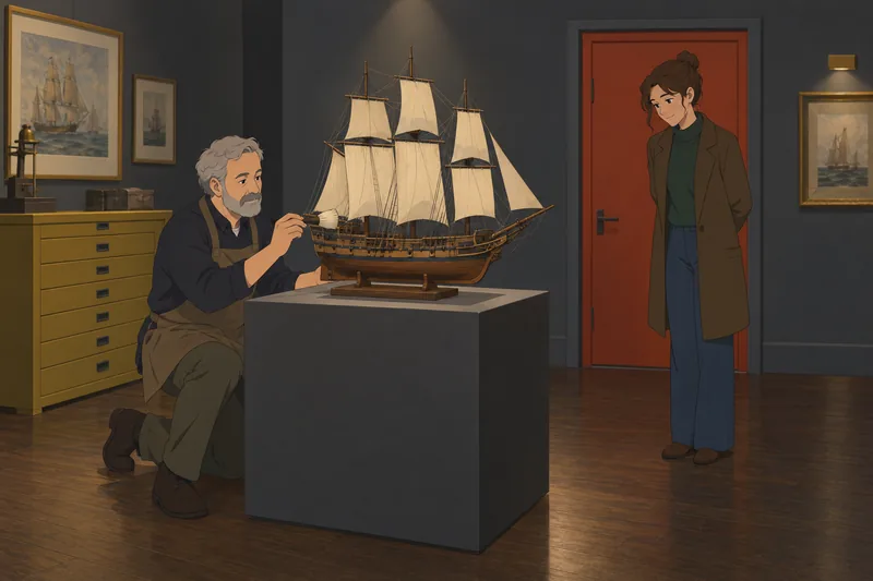 Pirate Quiz shows a curator examining a ship.