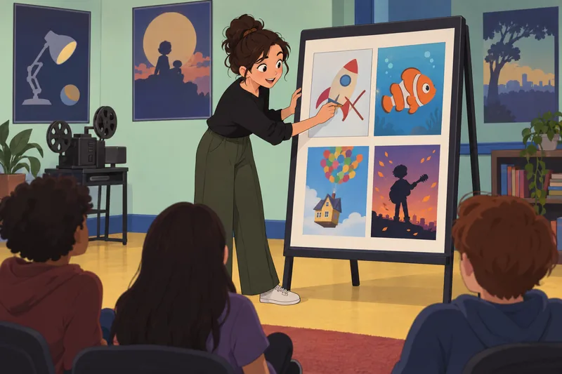 Pixar Movie Quiz answer board in a classroom.