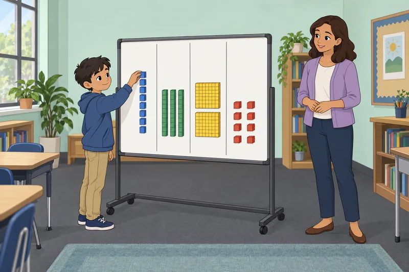 Place Value Quiz: a learner sorts column blocks.