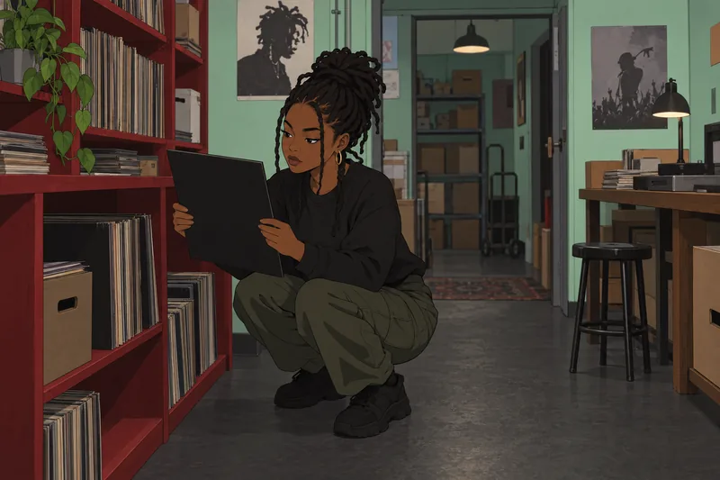 Quiz sobre Playboi muestra una archivista ordenando vinilos.