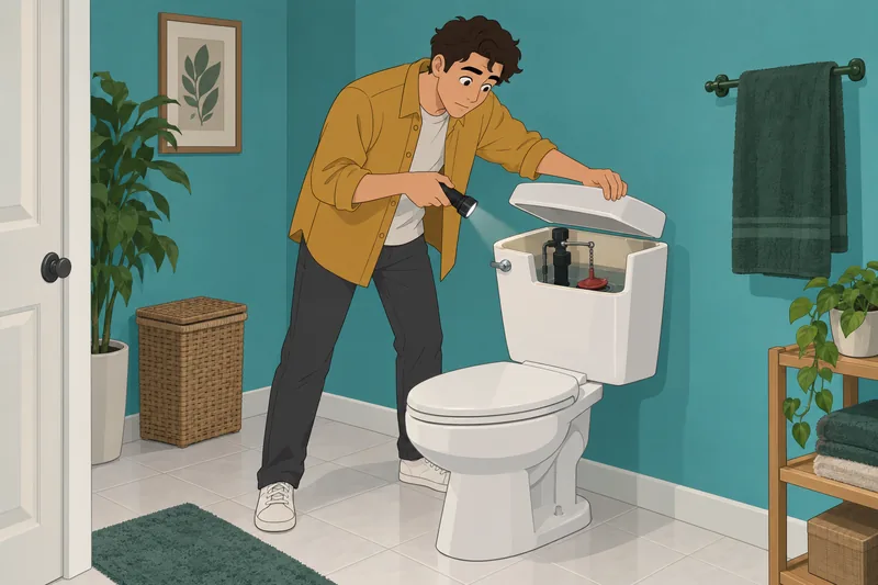 Plumbing Quiz shows a renter inspecting a toilet.