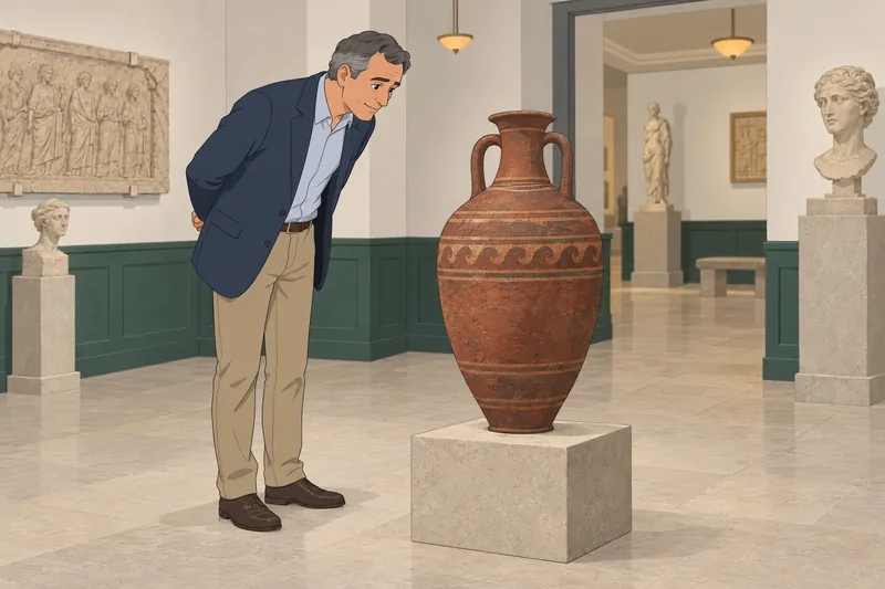 Pointless Quiz shows a visitor examining an amphora.