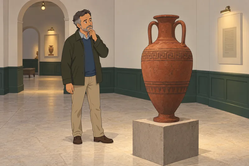 Quiz sin sentido muestra una visitante ante cerámica.