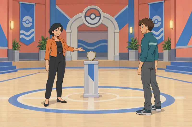 Pokemon Gym Leader presents a plain badge.