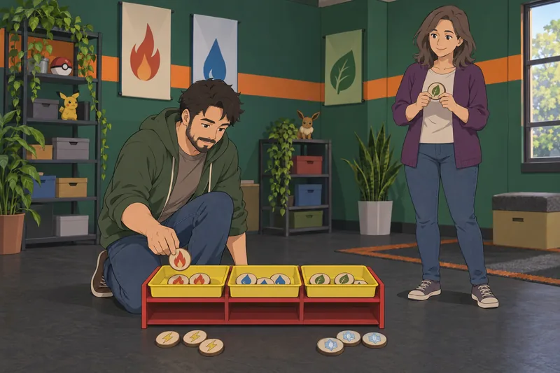 Pokemon Type Matchup tokens fill workshop trays.