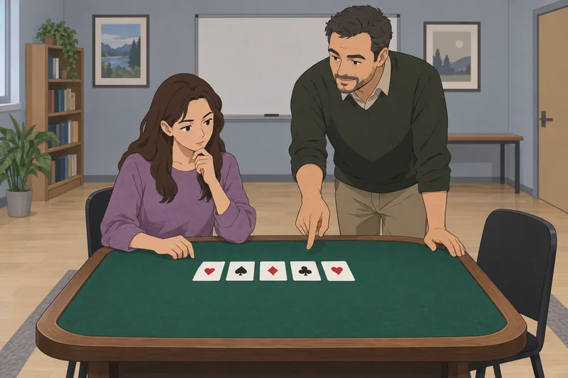 Poker Quiz shows a learner arranging a hand.