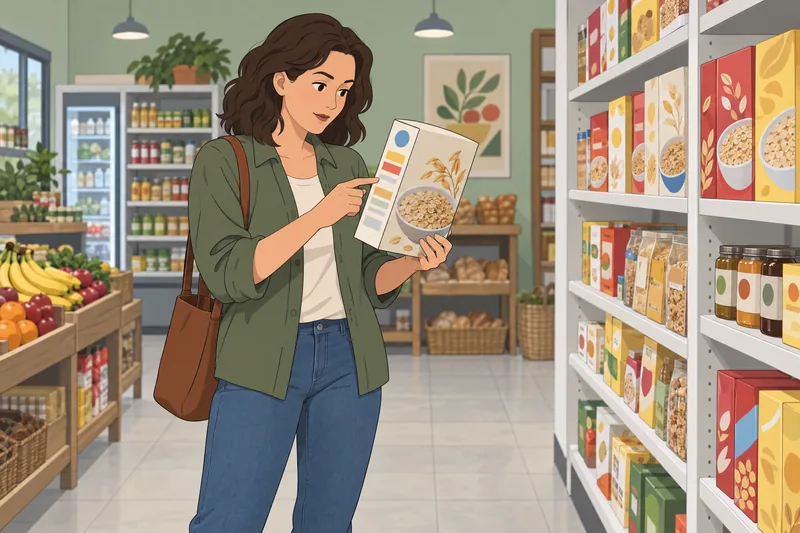 Portion Control Quiz, shopper studies a serving label.