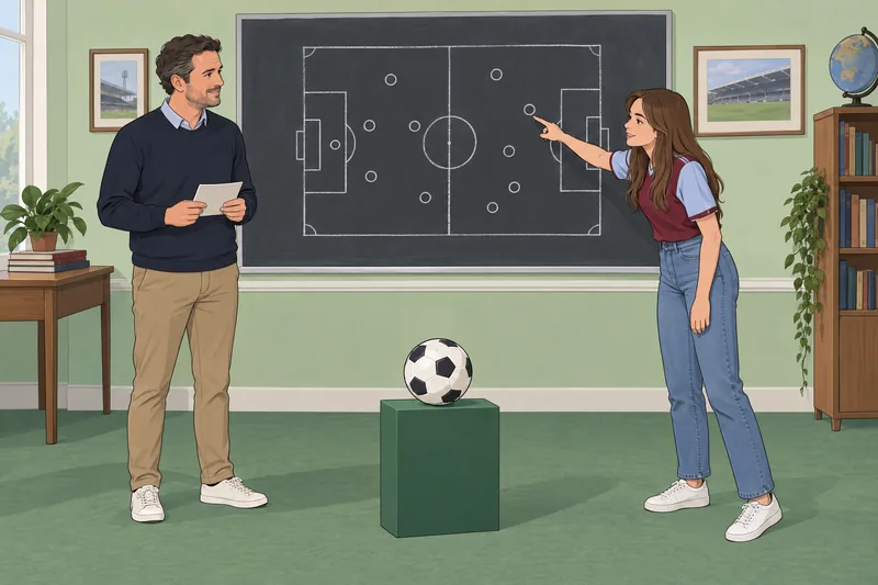 Escena: cuestionario de fútbol en un aula pintada.