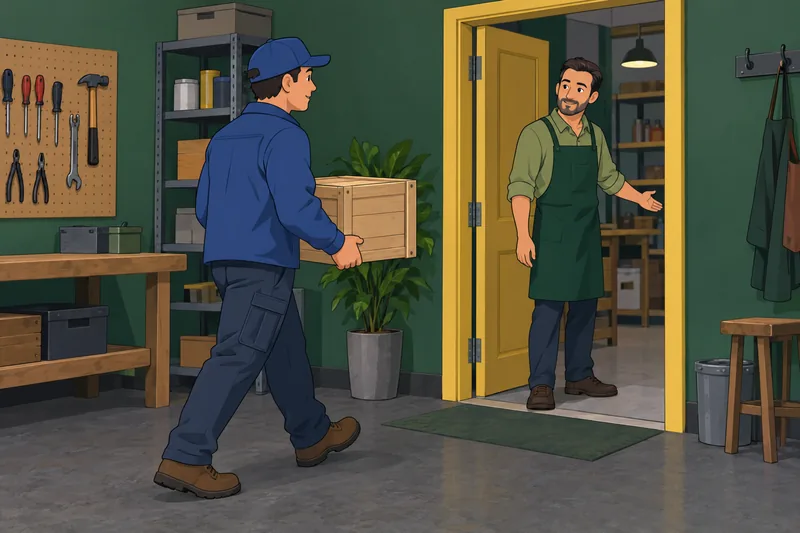 Preposition Quiz follows a crate toward a doorway.