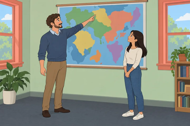 Preposition Quiz shows positions beside a wall map.