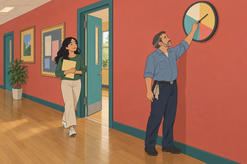 The hallway shows Present Continuous and timing.