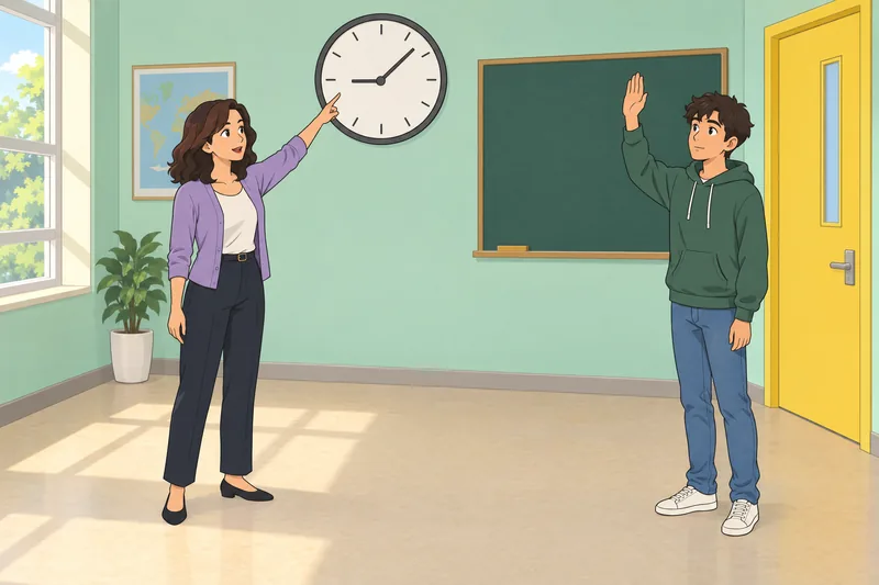 Present Simple Quiz shows a classroom clock lesson.