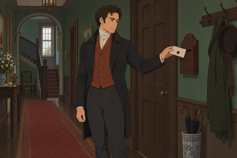 Pride and Prejudice quiz in a manor hallway.