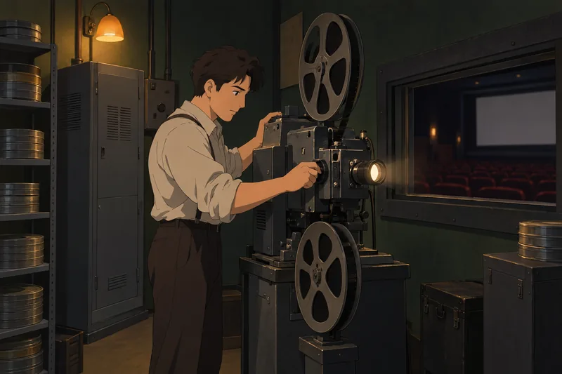 Printable Film Quiz: a projectionist checks a projector.