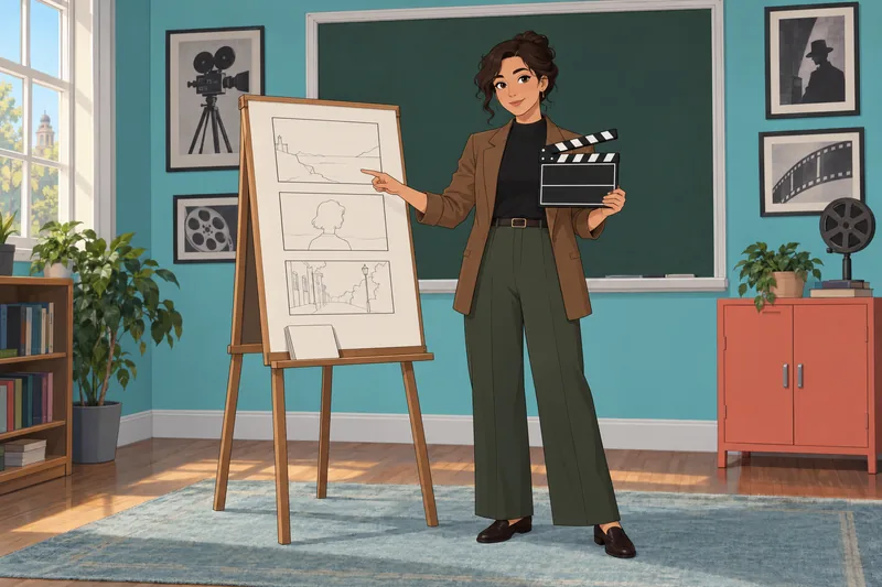 Printable Film Quiz: an instructor presents a clapperboard.