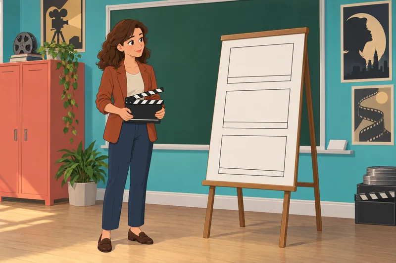 cuestionario de cine: una docente sostiene una claqueta.