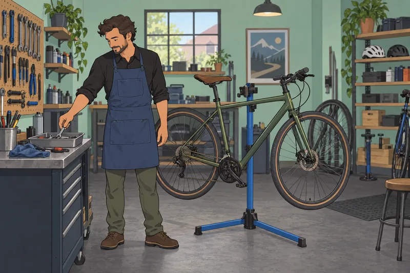 escala de compromiso: mecánica cuida una bicicleta.