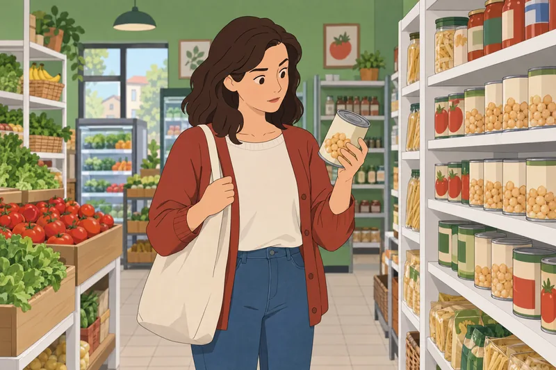 Protein Quiz shows a shopper checking chickpea packaging.