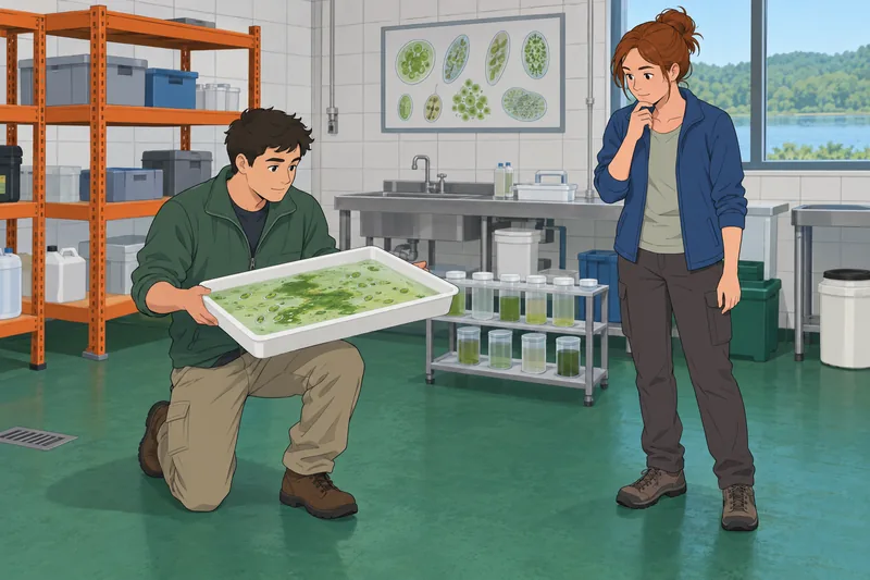 Protist Quiz: a technician examines a green sample.