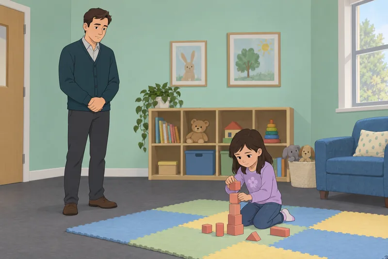 PTSD Symptom Checklist shows a father observing blocks.