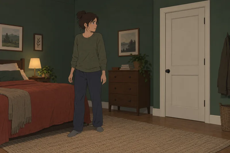 PTSD Symptom Scale faces a closed bedroom door.