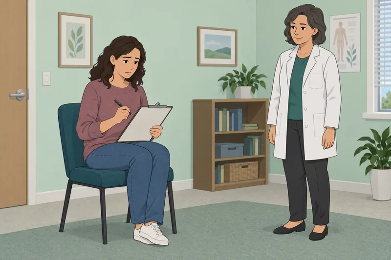 PTSD Symptom Scale appears in a quiet clinic.