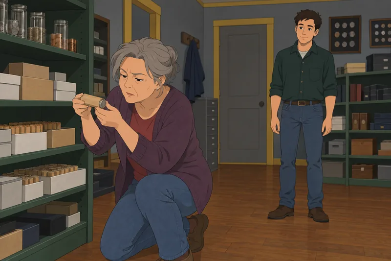 Quarter Quiz shows a collector checking coin rolls.