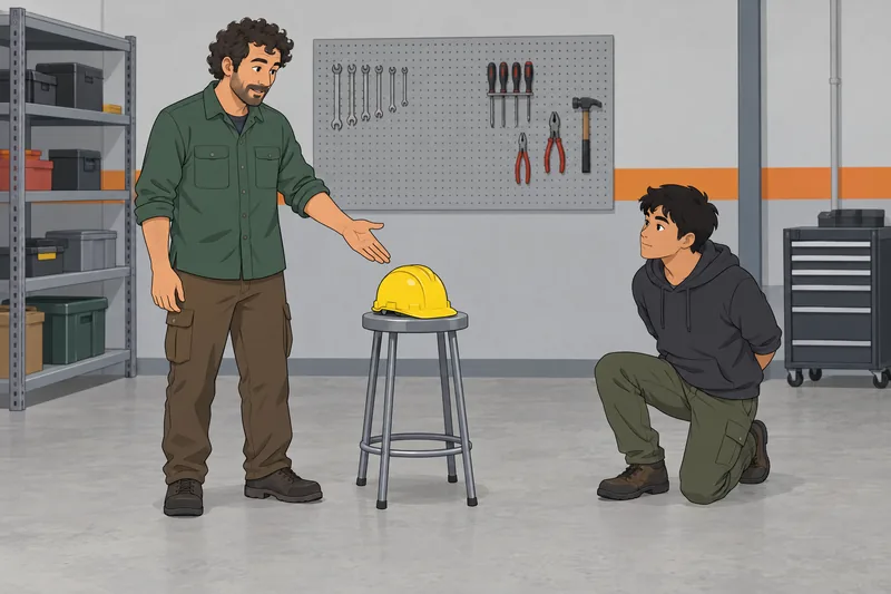 Danger and Safety: an instructor presents a helmet.