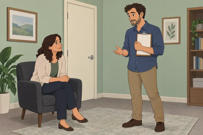 Interpersonal Sensitivity Questionnaire depicts an attentive clinic conversation.