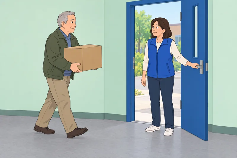 Adult Helping Behavior unfolds at a donation doorway.