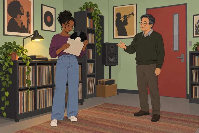 R&B Quiz shows a student studying a record.