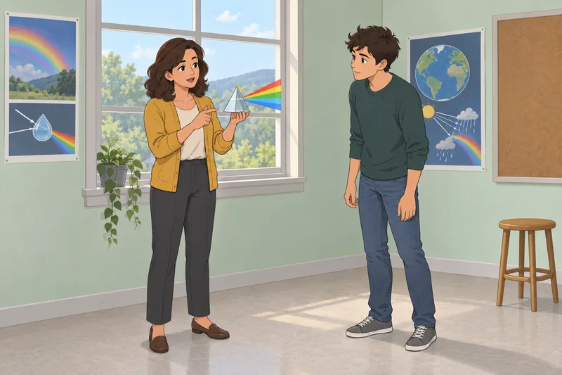 Rainbow Quiz shows a teacher with a prism.