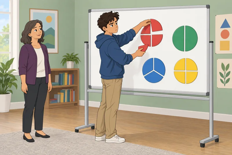 El cuestionario de matemáticas muestra fichas fraccionarias.