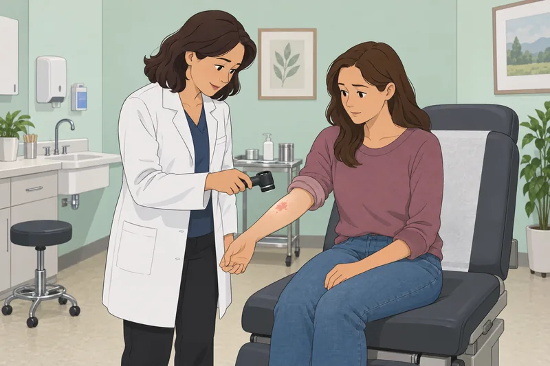 Rash Quiz shows a calm clinic skin check.