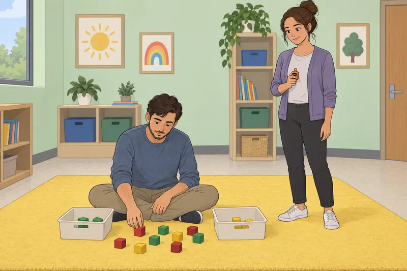 RBT Quiz shows an adult learner sorting blocks.