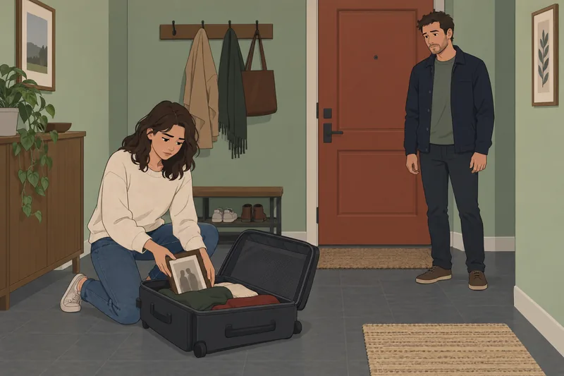 Rebound Relationship Quiz: pausing beside a closed suitcase.