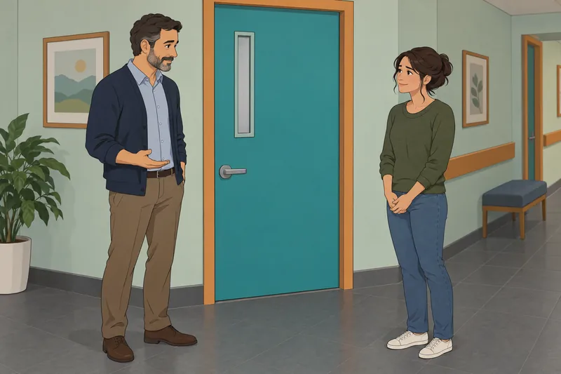 Reflective Sociability Test depicts attentive hallway dialogue.