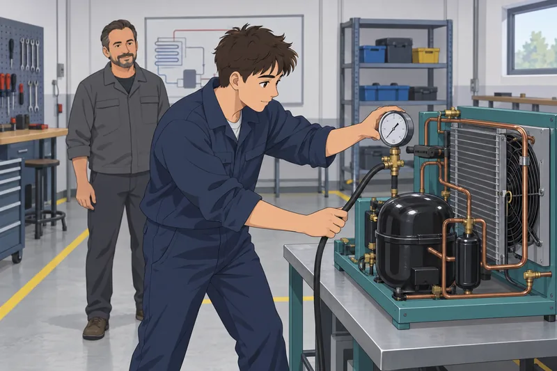 Refrigeration Quiz shows an apprentice at a gauge.