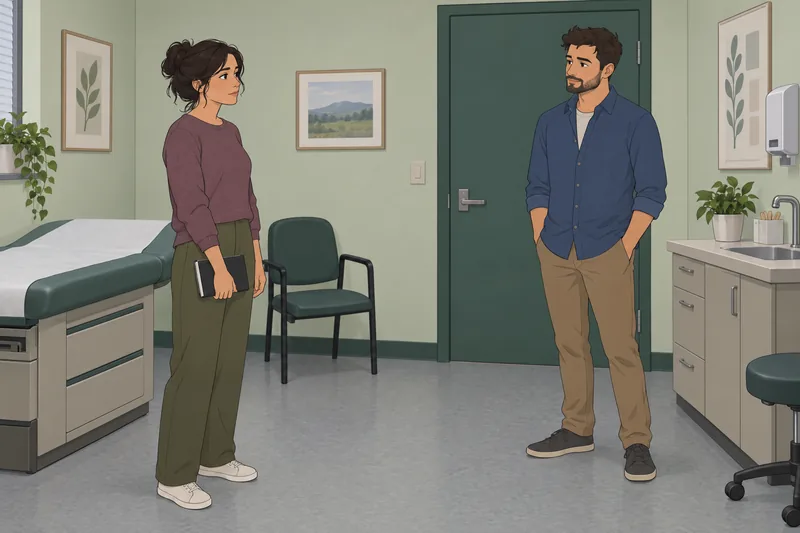 Relationship Profile Test shows a quiet clinic conversation.