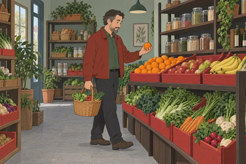 Relationship with Food shows a calm grocery choice.