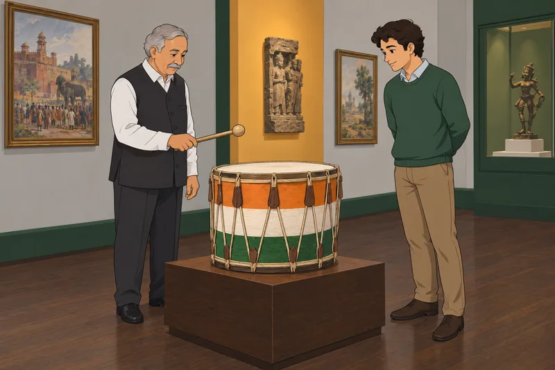 Republic Day Quiz: visitor studies a ceremonial drum.