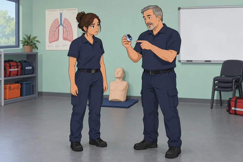 Respiratory Emergencies EMT learner checks a pulse oximeter.