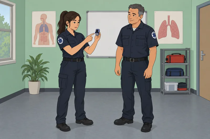 Quiz para EMT: aprendiz observa un oxímetro.