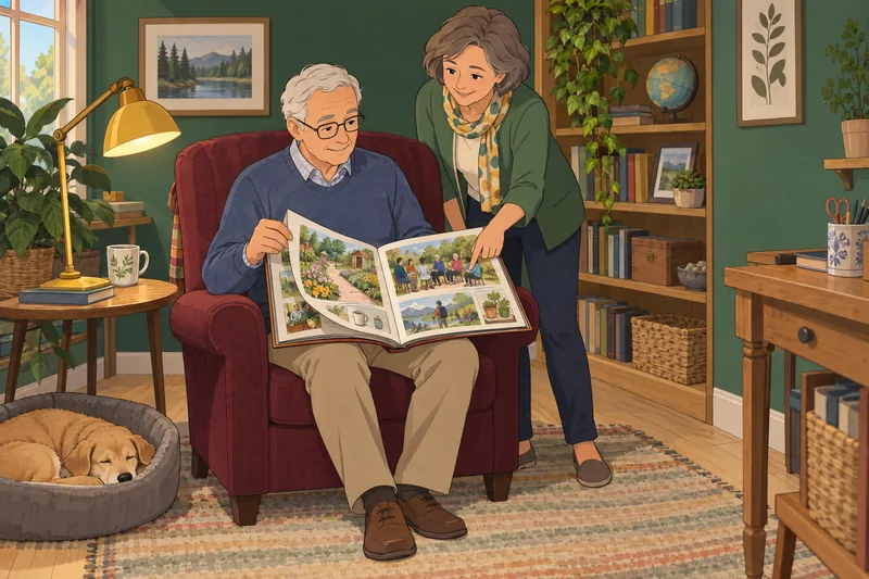 Retirement Test. Man arranges a life-planning scrapbook.
