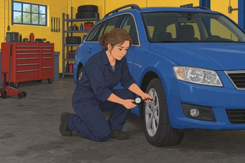 Road Trip Quiz depicts tire pressure checking.